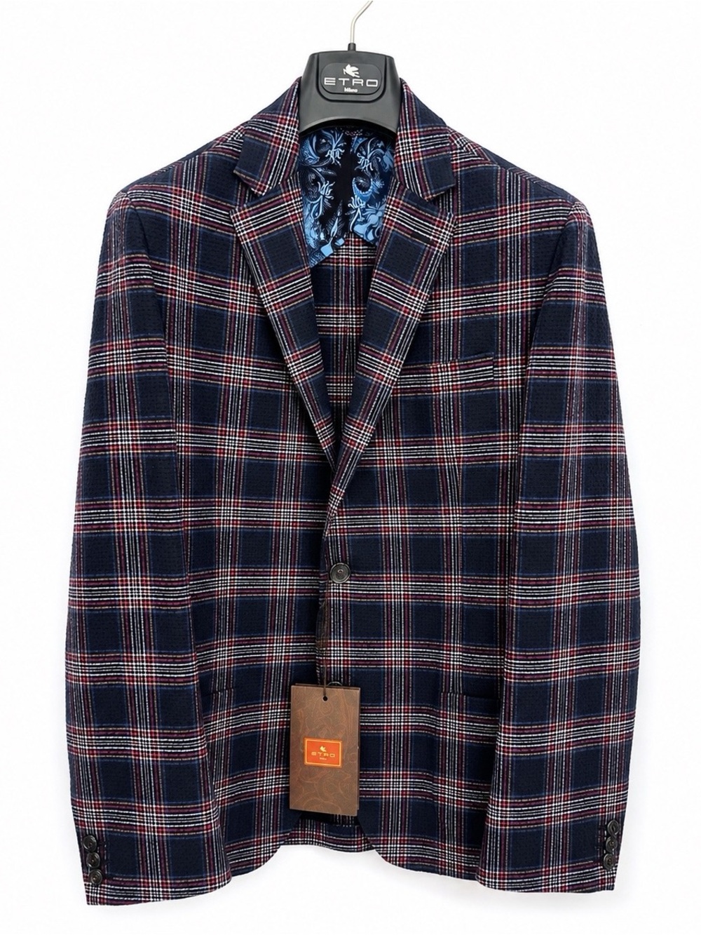 Etro Navy Plaid Sport Coat with Red and White Windowpane